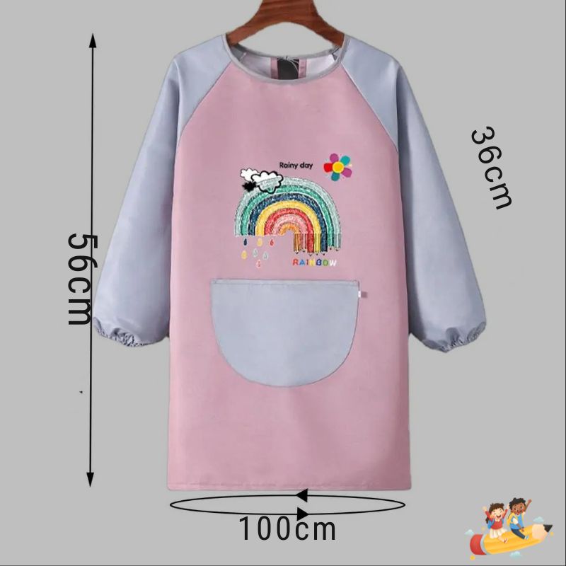 Tablier Enfant Manches Longues + 10 Pinceaux - Kit Peinture Maternelle, Polyester Imperméable, Rose