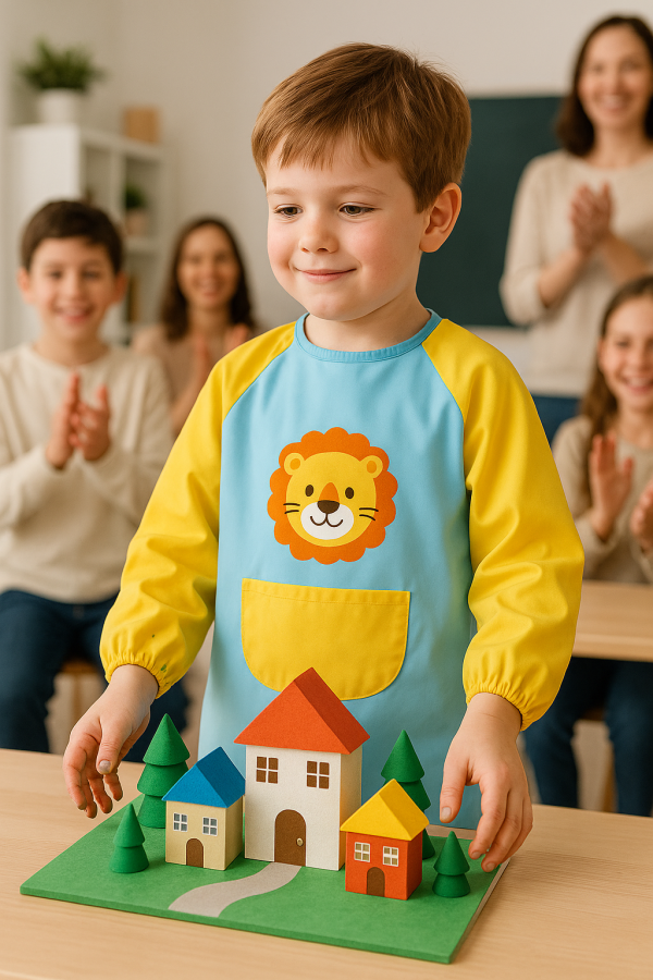 tablier jaune de maternelle lion